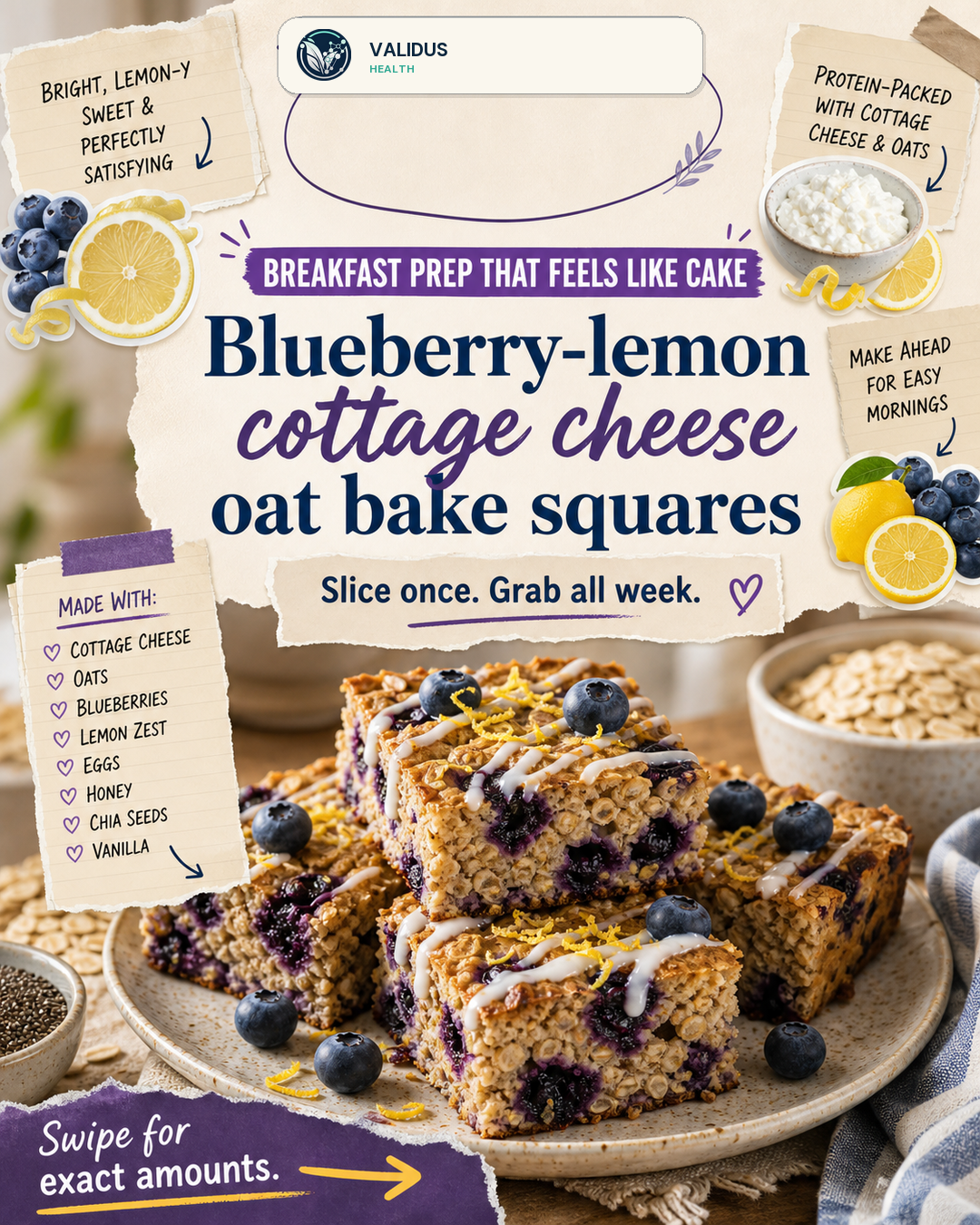 Blueberry-Lemon Cottage Cheese Oat Bake Squares