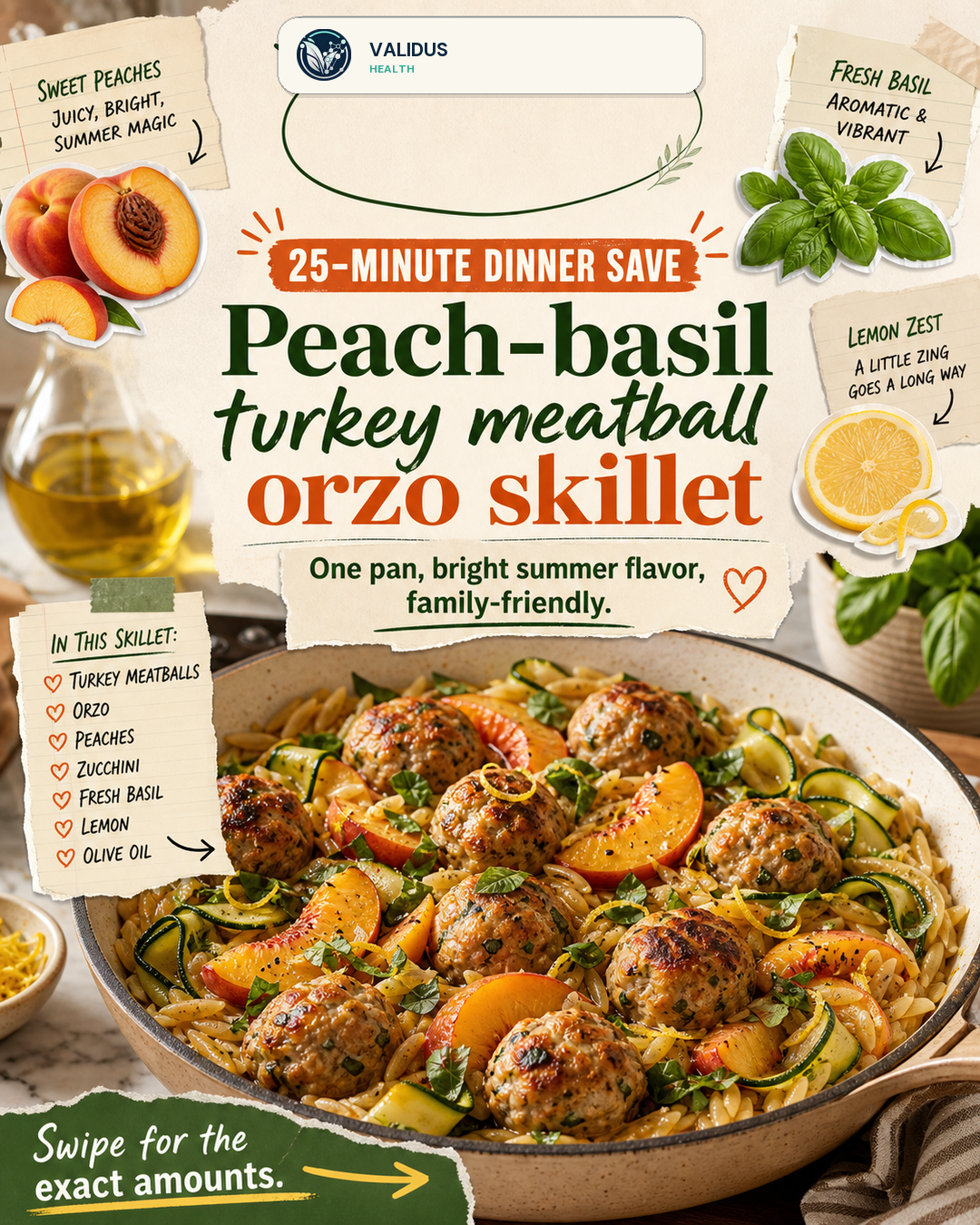 Peach-Basil Turkey Meatball Orzo Skillet